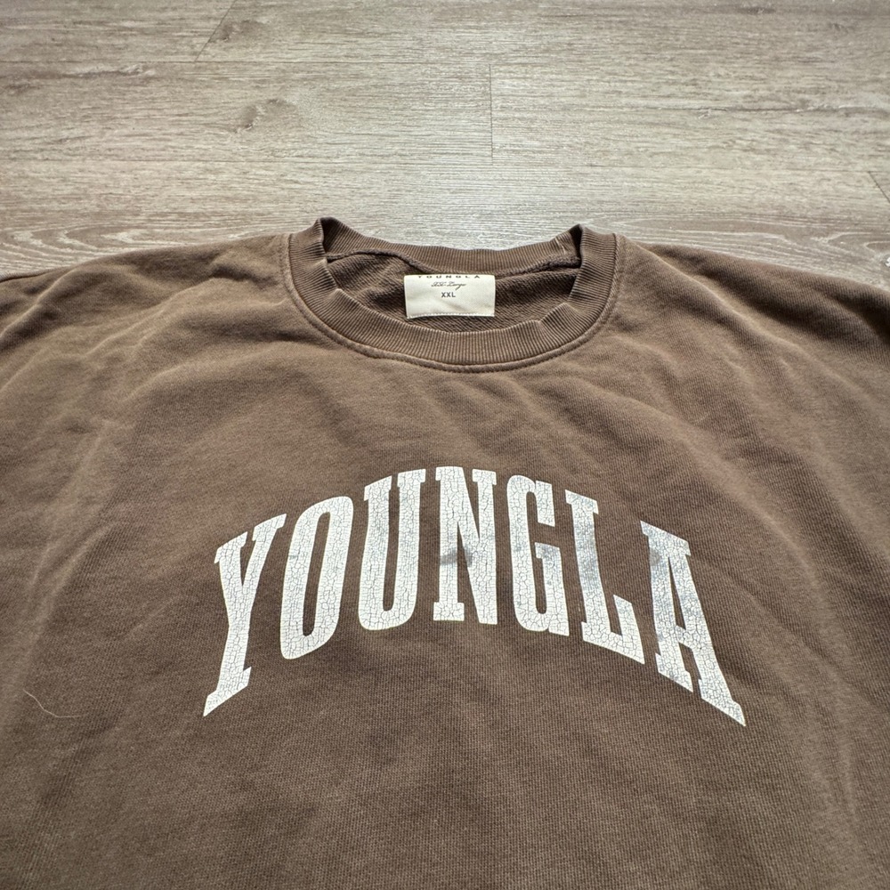 YOUNGLA Sweatshirt Mens XXL Brown Cotton Gym Workout Streetwear Oversized Y2K - Picture 4 of 11